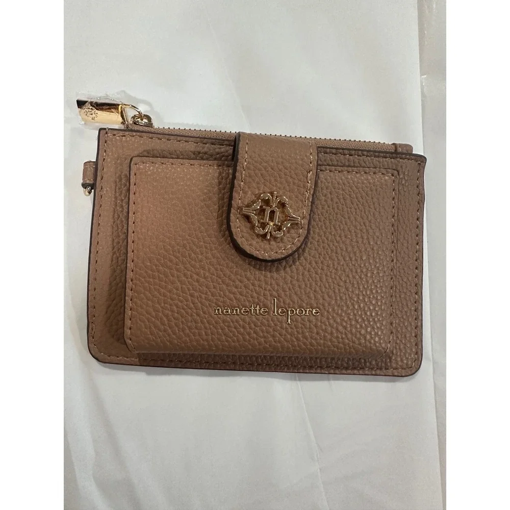Nanette Lepore Taupe Brown Pebbled Card Case Zip Wallet with ID Window